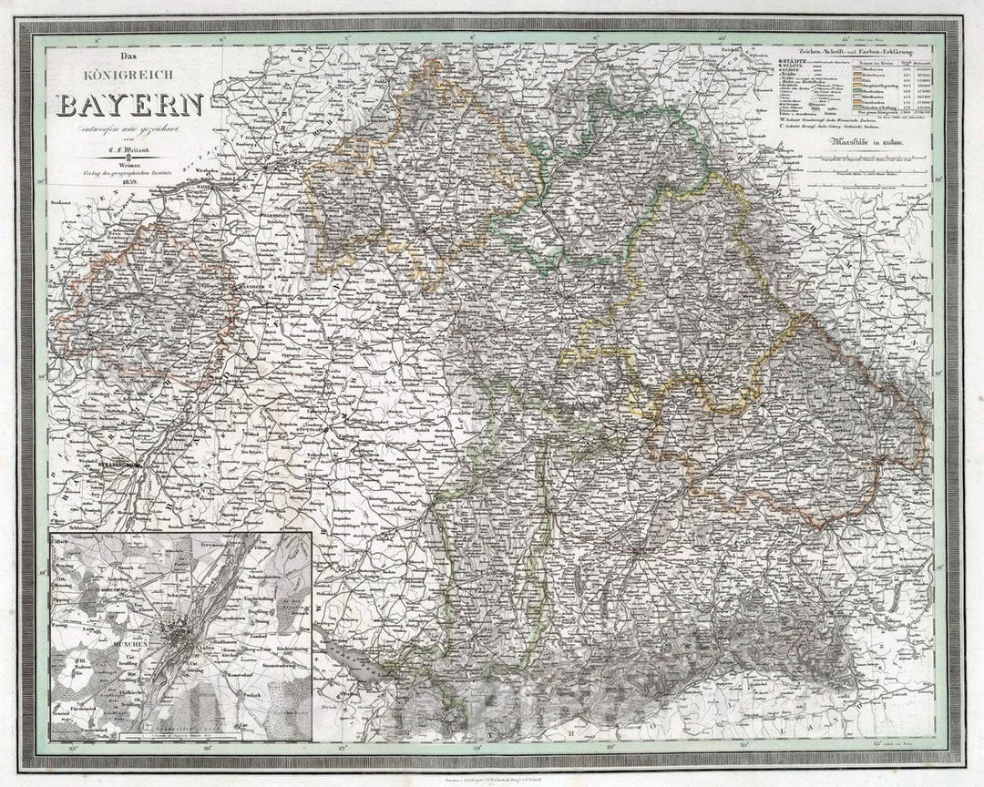 Historic Map - World Atlas - 1839 Koenigreich Bayern. Kingdom of Bavaria, Germany. - Vintage Wall Art