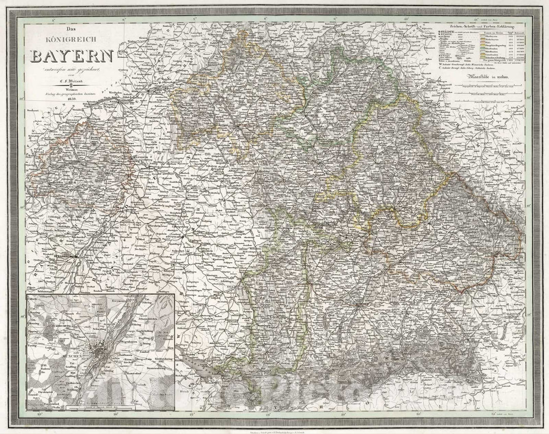 Historic Map - World Atlas - 1839 Koenigreich Bayern. Kingdom of Bavaria, Germany. - Vintage Wall Art