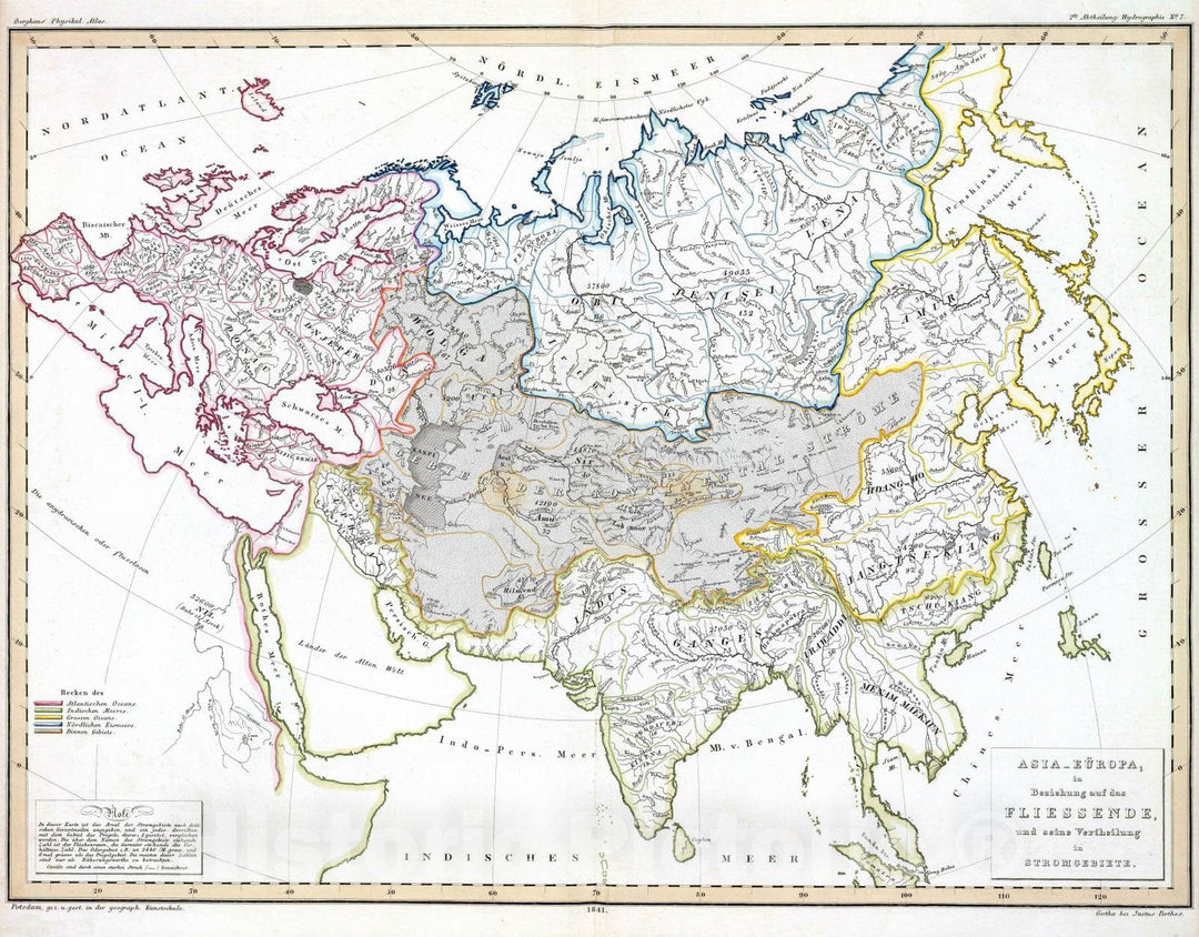 Historic Map : 1841 Asia-Europa; in Beziehung auf das Fliessende, und seine Vertheilung in Stromgebiete. - Vintage Wall Art