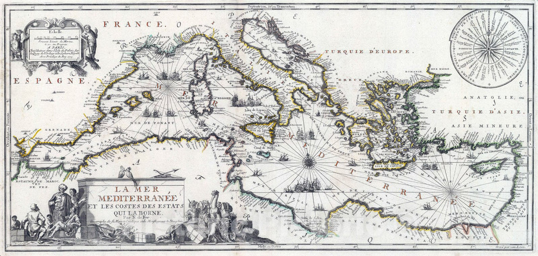 Historic Map : Mediterranean Region 1709 La Mer Me?diterrane?e et les costes des Estats qui la borne , Vintage Wall Art