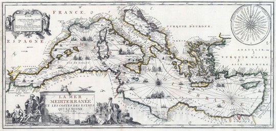 Historic Map : Mediterranean Region 1709 La Mer Me?diterrane?e et les costes des Estats qui la borne , Vintage Wall Art