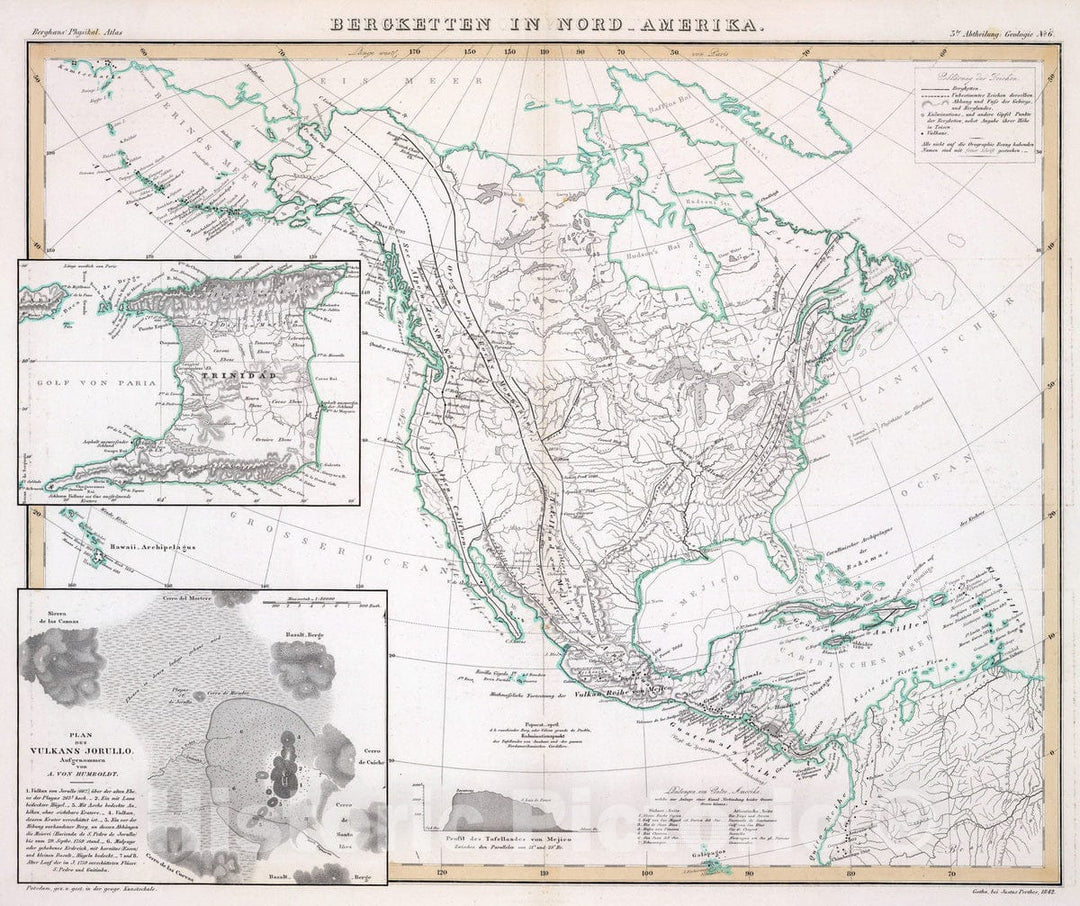 Historic Map : Mexico; Trinidad, , North America 1842 Bergketten in Nord-Amerika. , Vintage Wall Art