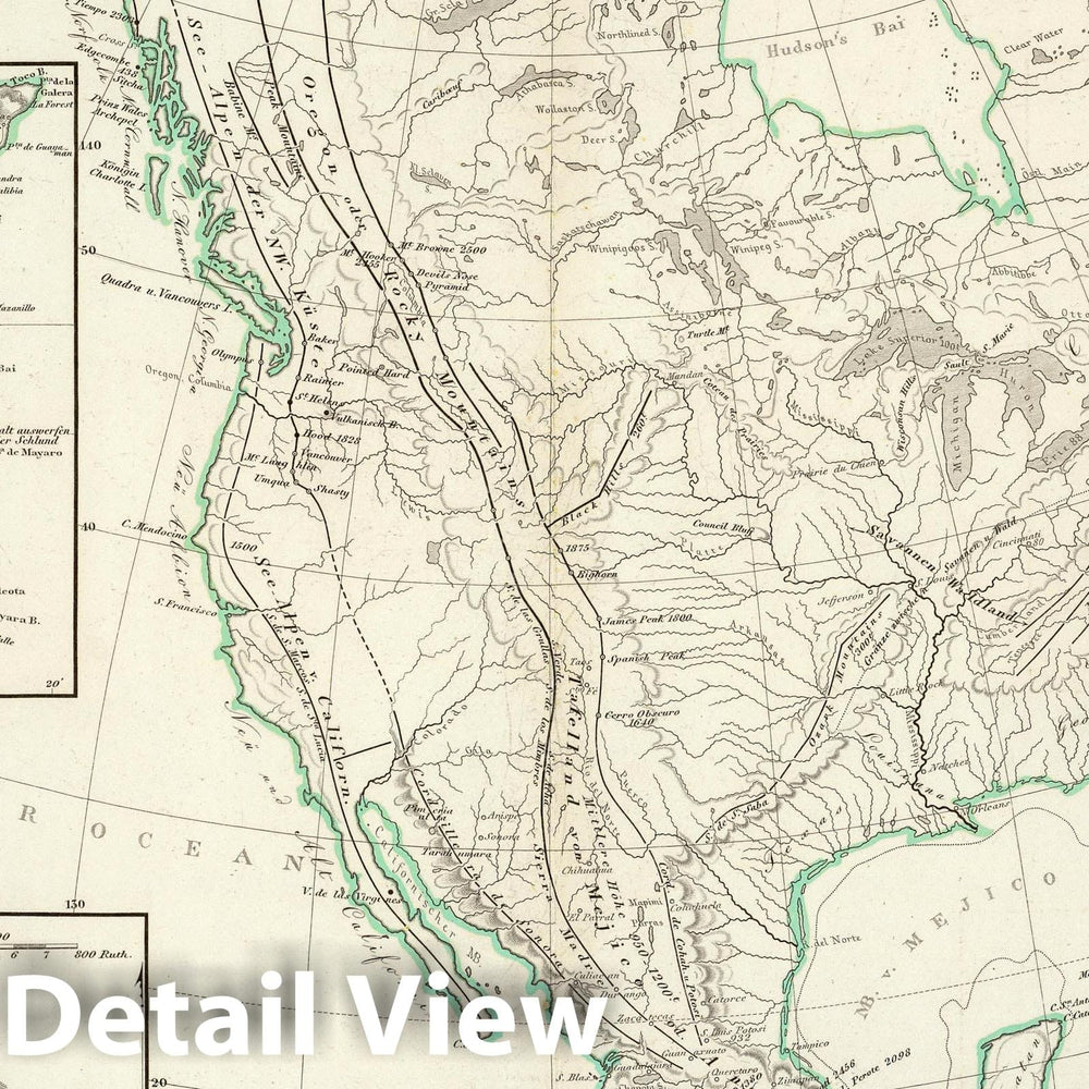 Historic Map : Mexico; Trinidad, , North America 1842 Bergketten in Nord-Amerika. , Vintage Wall Art