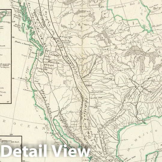 Historic Map : Mexico; Trinidad, , North America 1842 Bergketten in Nord-Amerika. , Vintage Wall Art