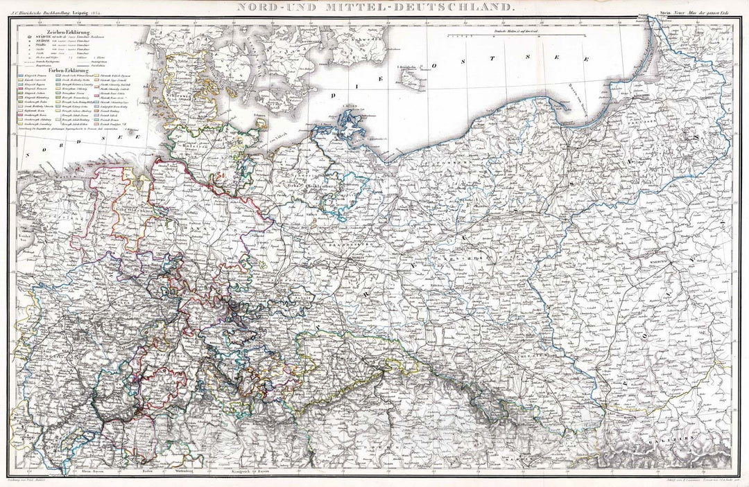 Historic Map : Germany, Europe, Central 1854 Nord- und Mittel-Deutschland , Vintage Wall Art