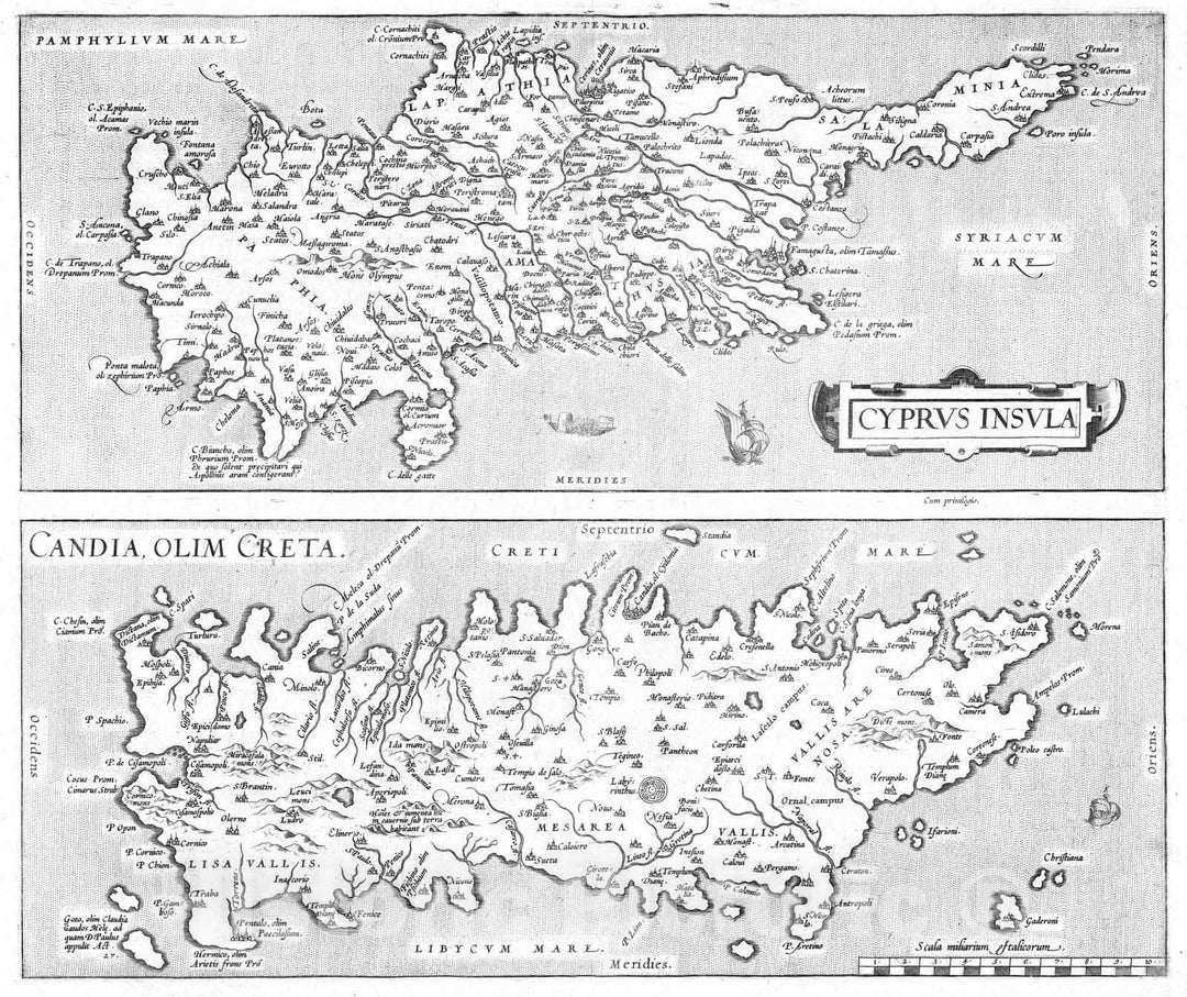 Historic Map : Cyprus 1570 (39) Cyprus Insula. (with) Candia Olim Creta. , Vintage Wall Art