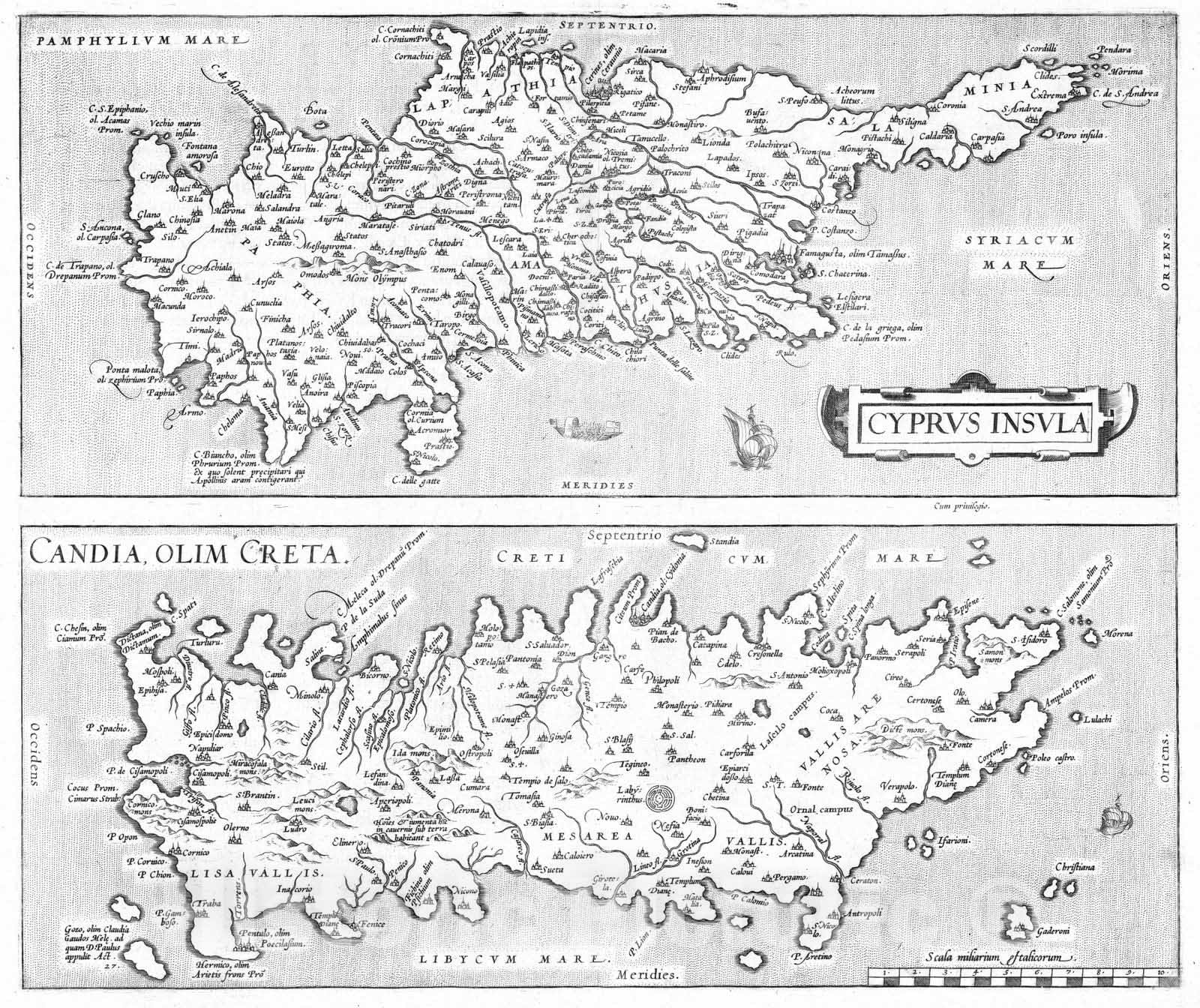 Historic Map : Cyprus 1570 (39) Cyprus Insula. (with) Candia Olim Creta. , Vintage Wall Art