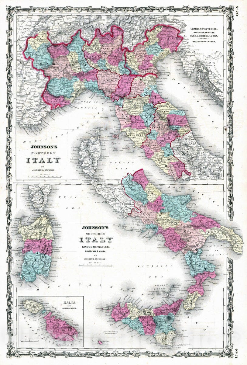 Historic Map : 1860 Northern Italy, Southern Italy. - Vintage Wall Art