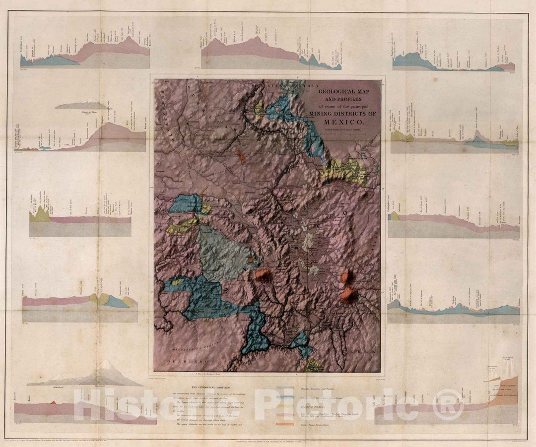 Historic Map : Exploration Book - 1864 Geological map and profiles of some of the principal mining districts of Mexico - Vintage Wall Art