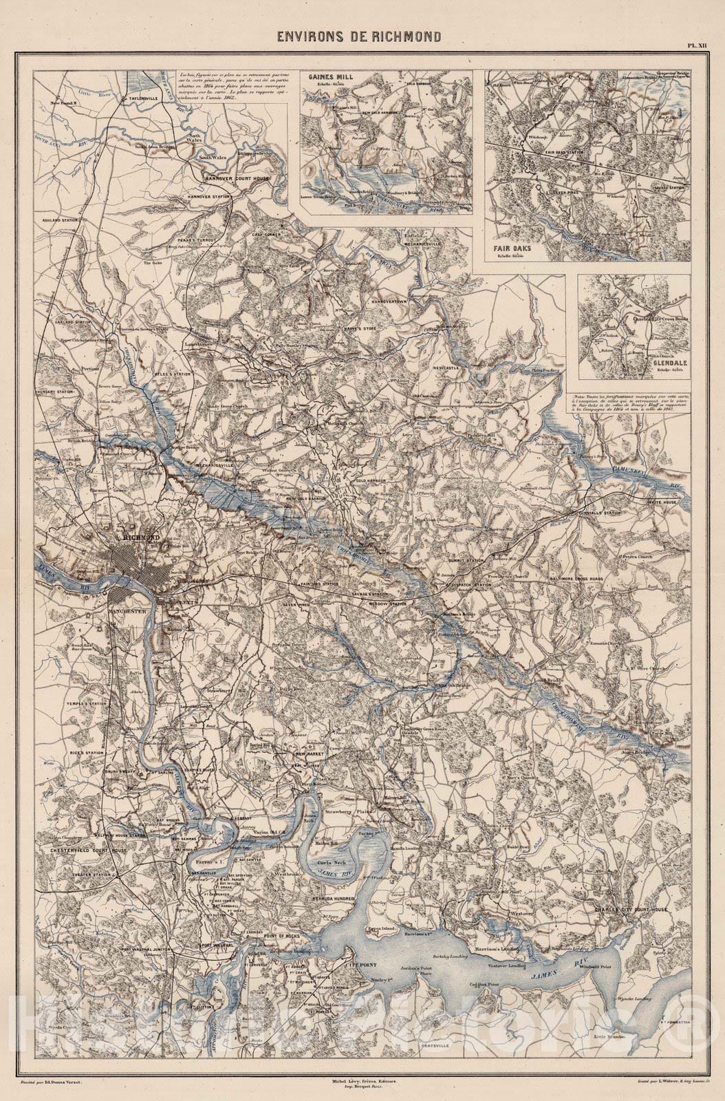 Historic Map : Virginia, 1875 Planche XII. Environs de Richmond. Gaines Mill. Fair Oaks. , Vintage Wall Art