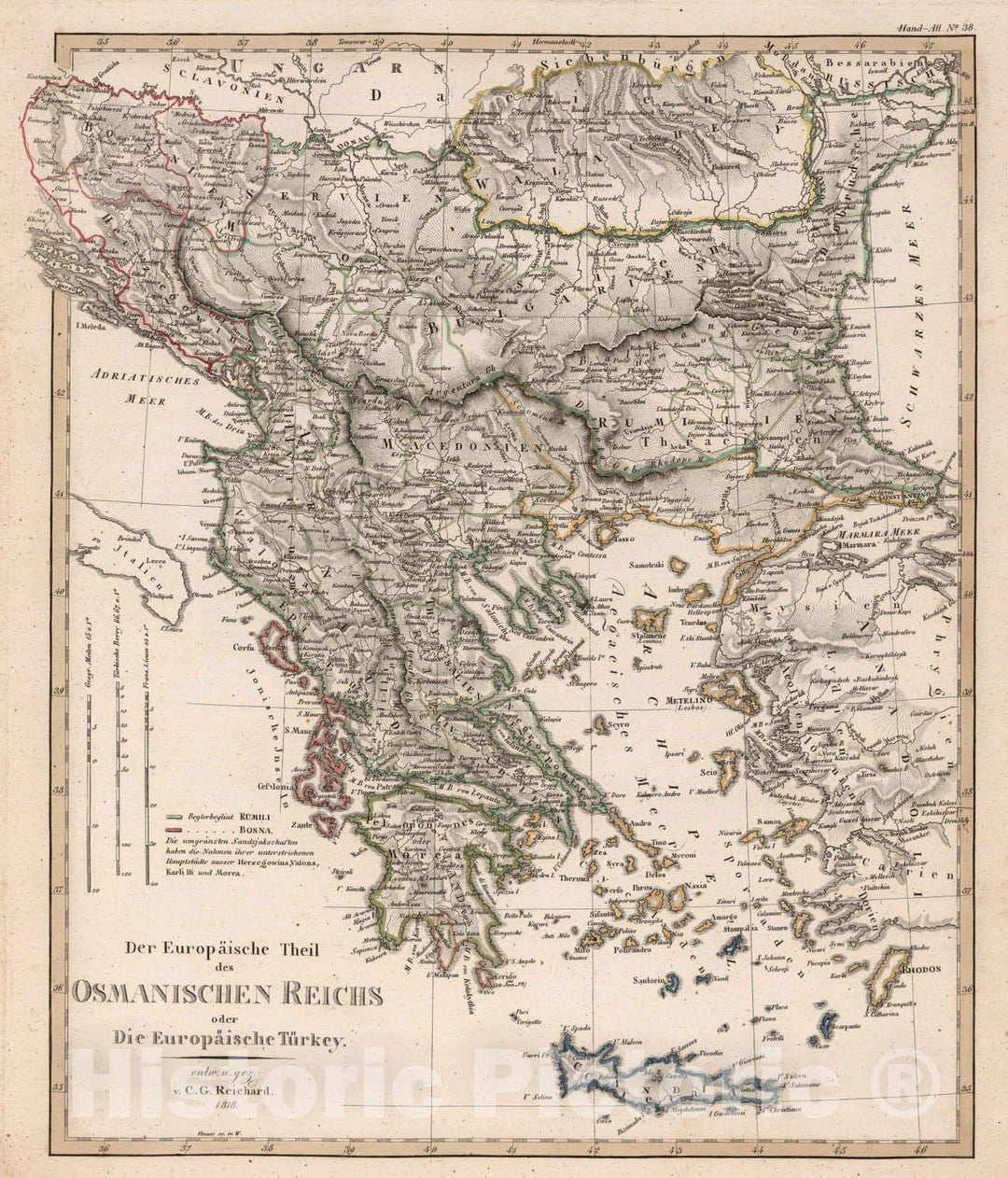 Historic Map : Turkey; Bosnia and Herzegovina, 1818 Der Europaische Theil des Osmanischen Reichs oder Die Europaische Turkey , Vintage Wall Art