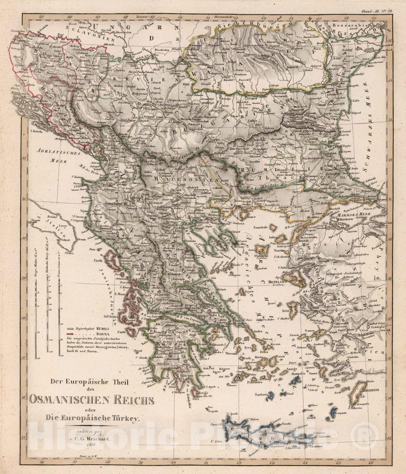 Historic Map : Turkey; Bosnia and Herzegovina, 1818 Der Europaische Theil des Osmanischen Reichs oder Die Europaische Turkey , Vintage Wall Art