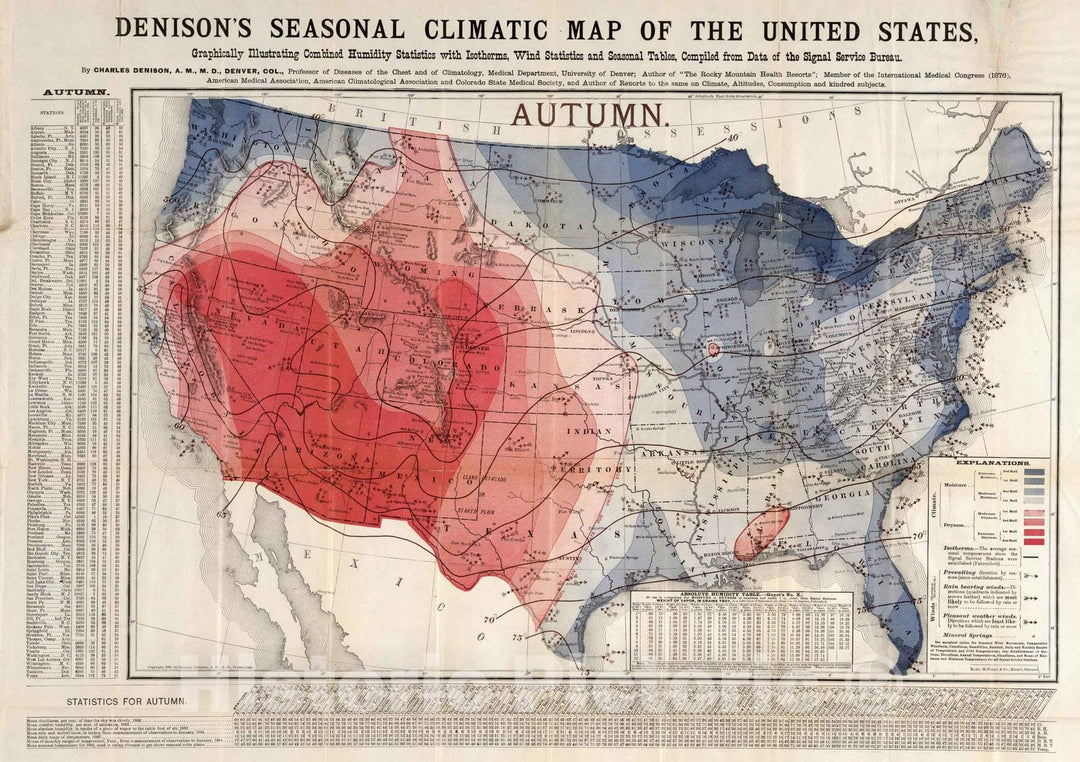 Historic Map : 1884 Autumn. Denison's seasonal climatic map of the United States - Vintage Wall Art