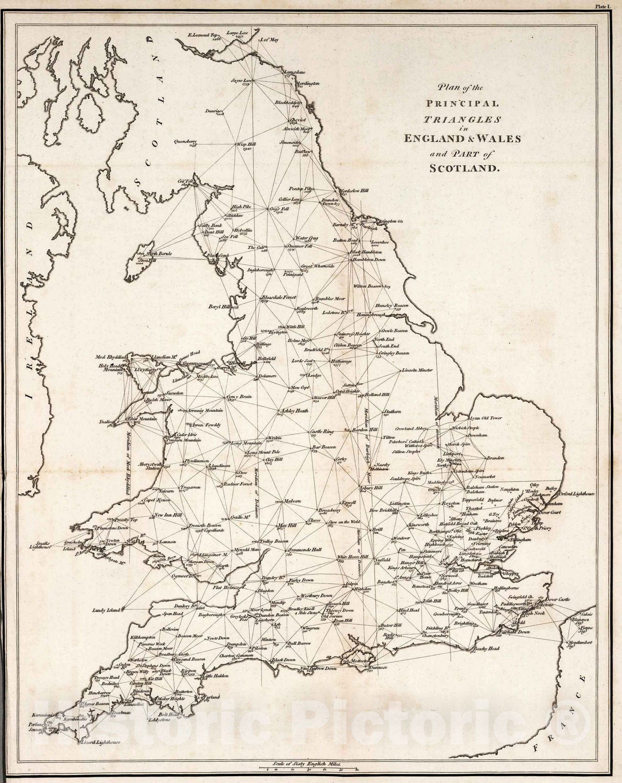 Historic Map : Survey Book - 1811 Plate I. Plan of the principal triangles in England & Wales and part of Scotland. Vol. 3, 1811 - Vintage Wall Art