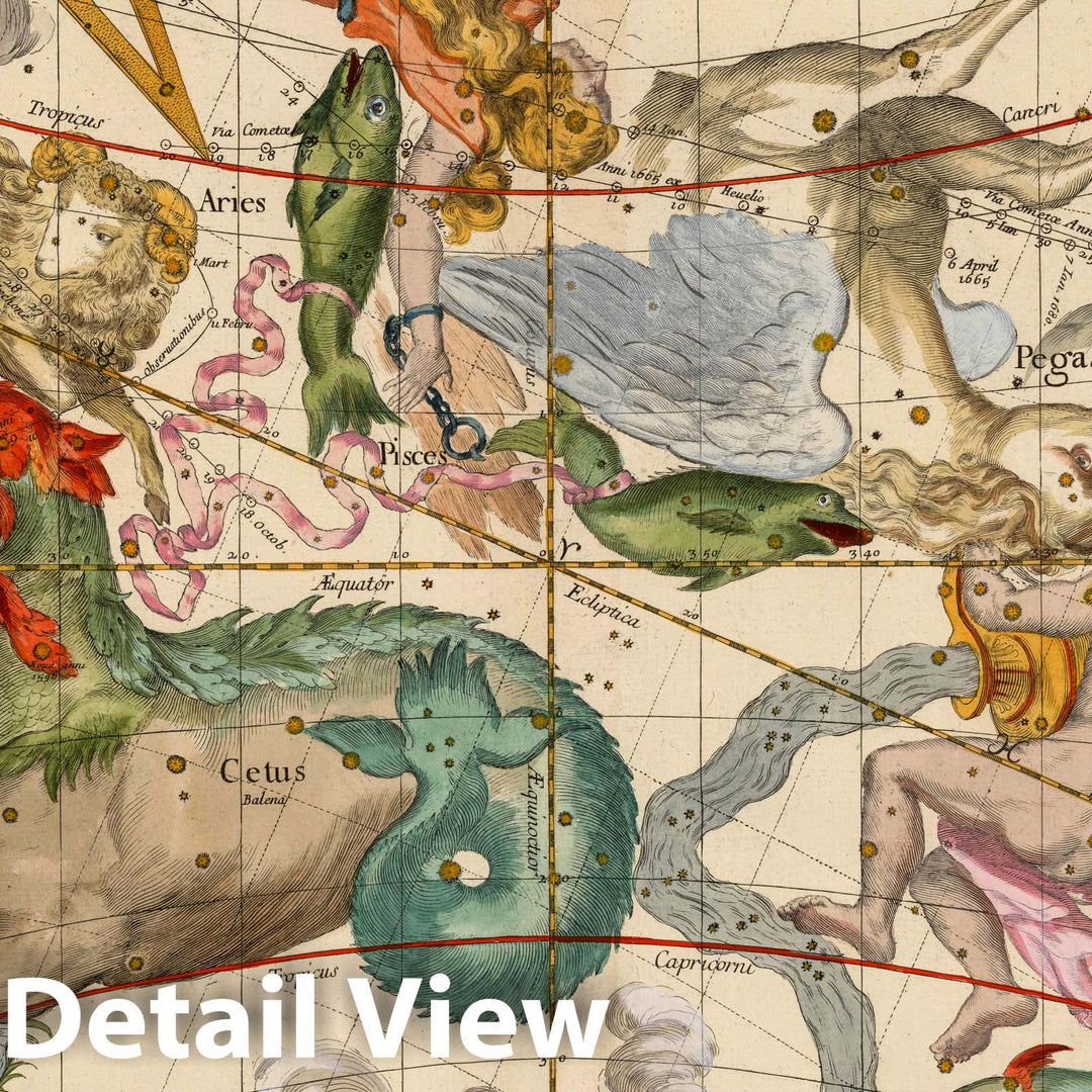 Historic Map : Celestial Atlas - 1693 Plate 2: Cetus, Aquarius, Andromeda. - Vintage Wall Art