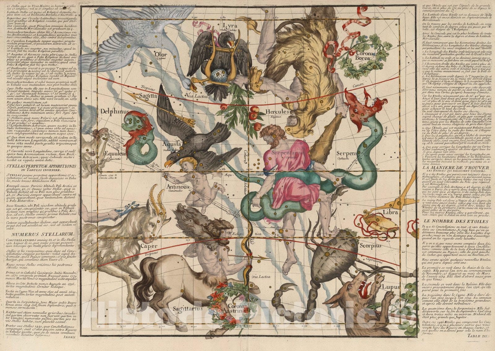 Historic Map : Celestial Atlas - 1693 Plate 5: Hercules, Sagittarius and other constellations. - Vintage Wall Art