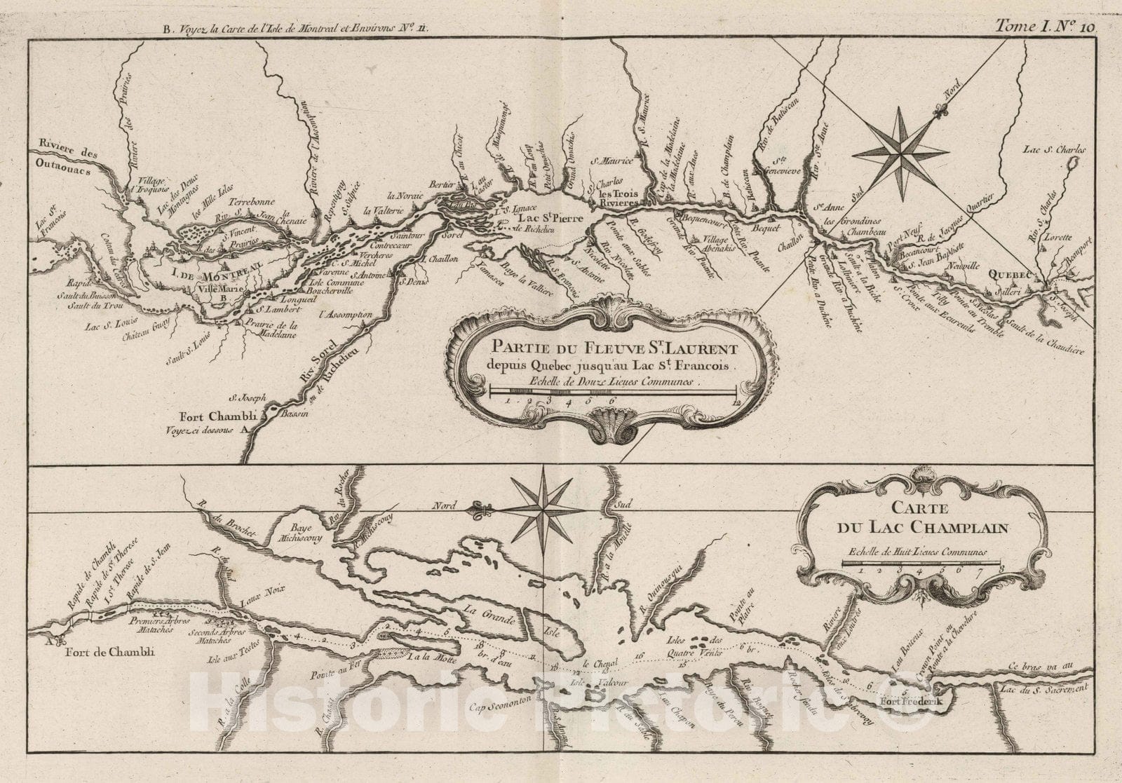 Historic Map : St. Lawrence River 1764 Partie du fleuve St. Laurent depuis Quebec jusqu'au Lac St. Francois. Carte du Lac Champlain. , Vintage Wall Art