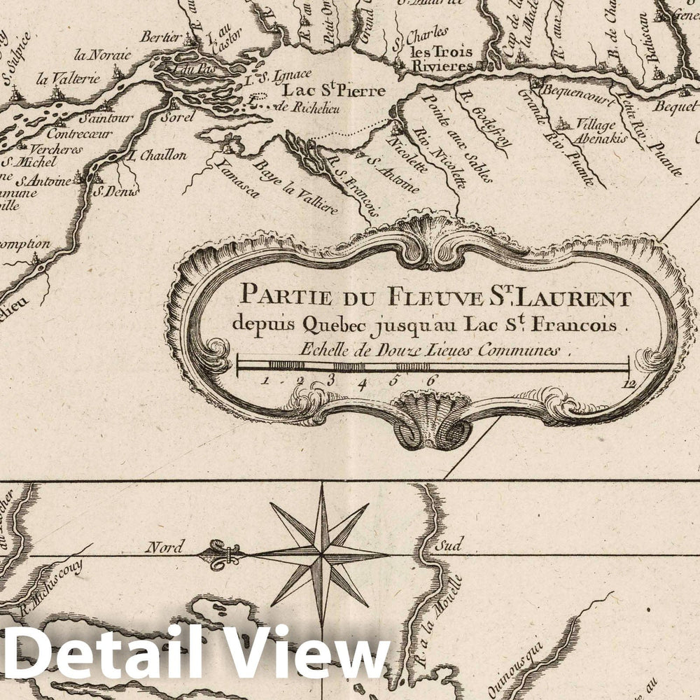 Historic Map : St. Lawrence River 1764 Partie du fleuve St. Laurent depuis Quebec jusqu'au Lac St. Francois. Carte du Lac Champlain. , Vintage Wall Art