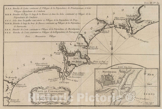 Historic Wall Map : India, , Asia 1764 Coste de Coromandel depuis Gondagamas jusqu'a Narzapour , Vintage Wall Art