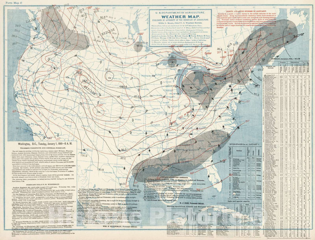 Historic Map : National Atlas - (United States) Weather Map. January 1, 1901. - Vintage Wall Art