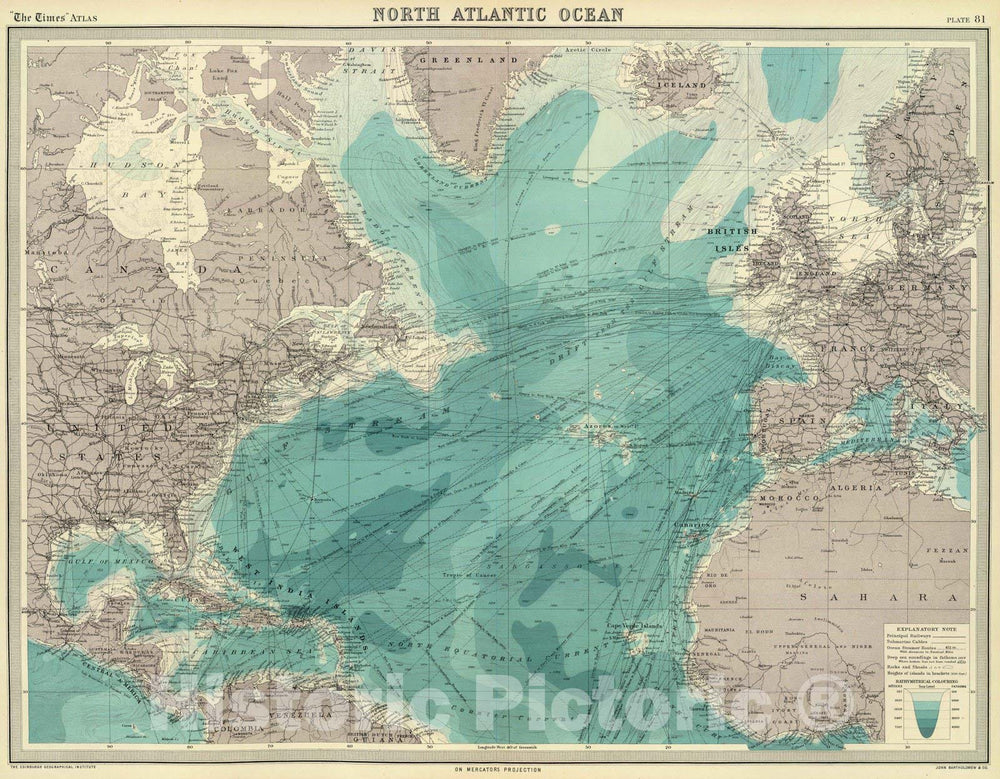 Historic Map - 1922 North Atlantic Ocean. v1 - Vintage Wall Art