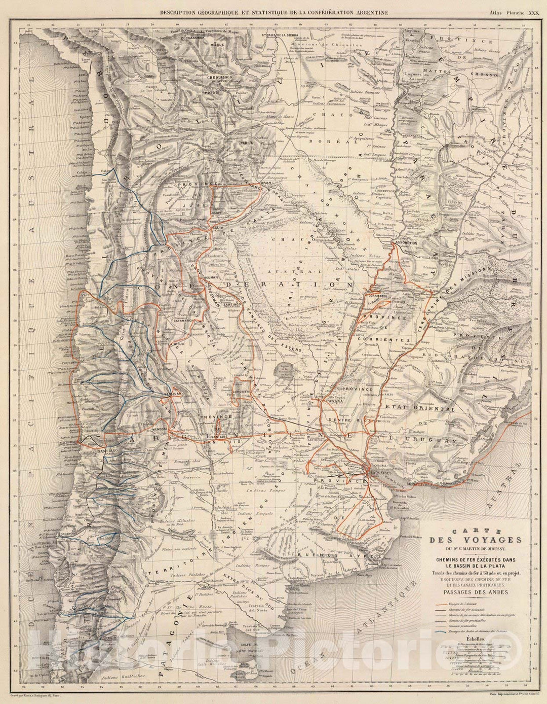 Historic Map : Argentina, , South America 1873 Carte des voyages du Dr. V. Martin de Moussy. , Vintage Wall Art