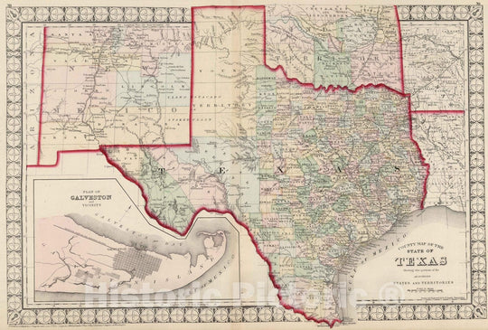 Historic Map : National Atlas - 1874 County Map of the State of Texas. Plan of Galveston and Vicinity. - Vintage Wall Art