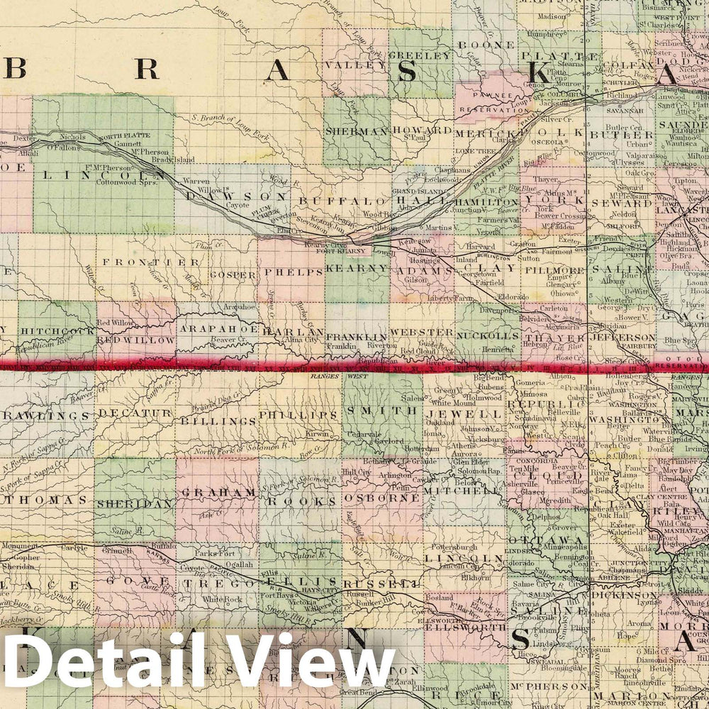 Historic Map : National Atlas - 1874 County & Township Map of the States of Kansas and Nebraska. - Vintage Wall Art