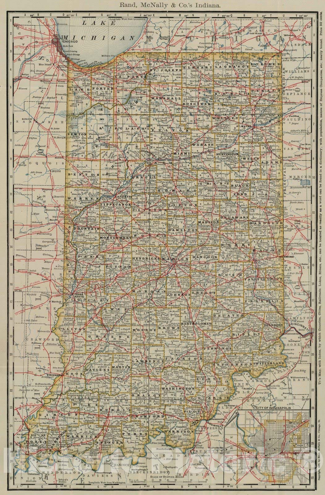 Historic Map : 1880 Indiana : Vintage Wall Art