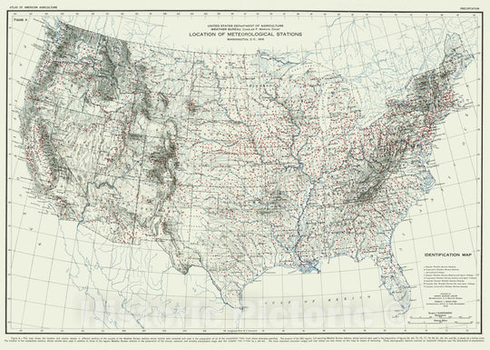 Historic Map - National Atlas - 1916 Location of Meteorological Stations. Atlas of American Agriculture. - Vintage Wall Art