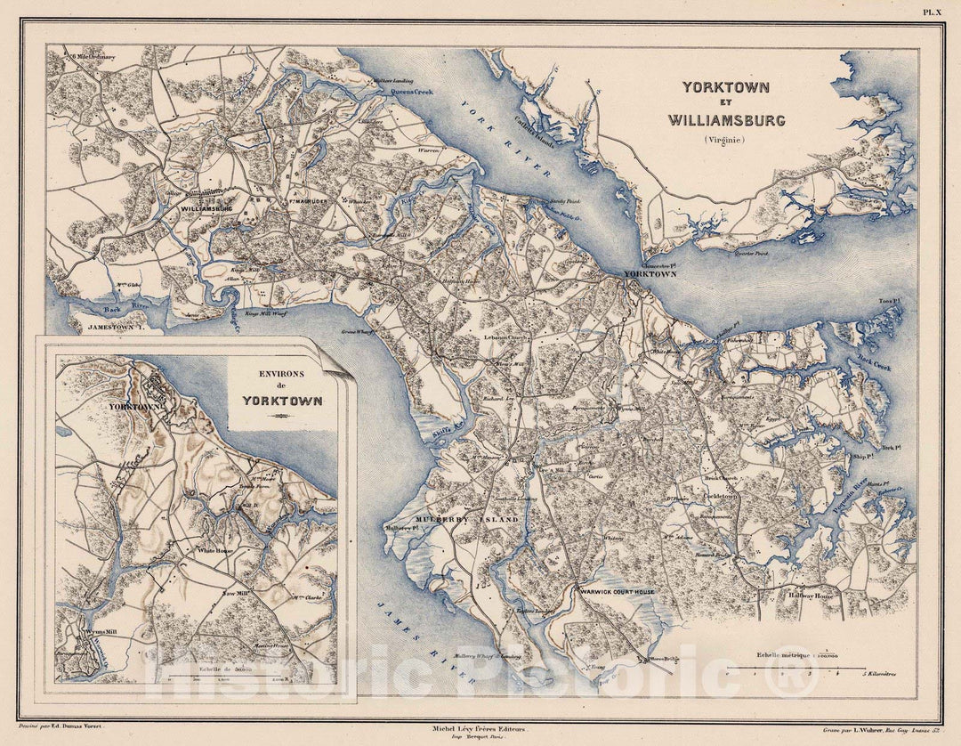 Historic Map - Military Atlas - 1875 Planche X. Yorktown et Williamsburg (Virginia). - Vintage Wall Art