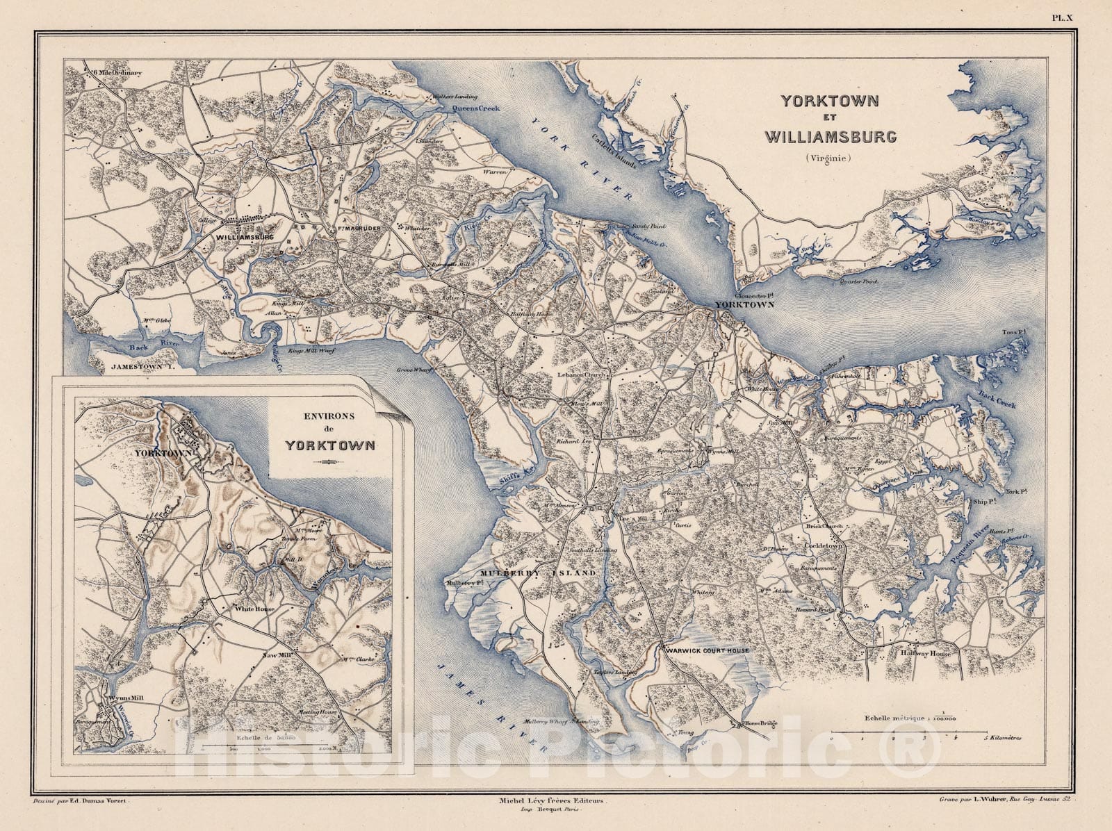 Historic Map - Military Atlas - 1875 Planche X. Yorktown et Williamsburg (Virginia). - Vintage Wall Art