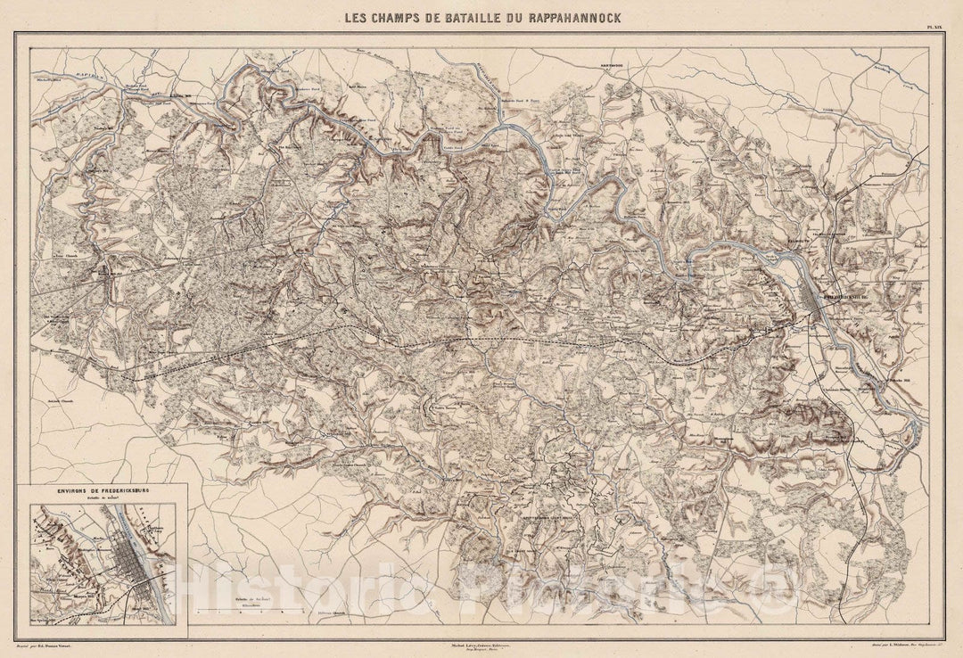 Historic Map : Virginia, 1875 Planche XIX. Les Champs de Bataille du Rappahannock. Environs de Fredericksburg. , Vintage Wall Art