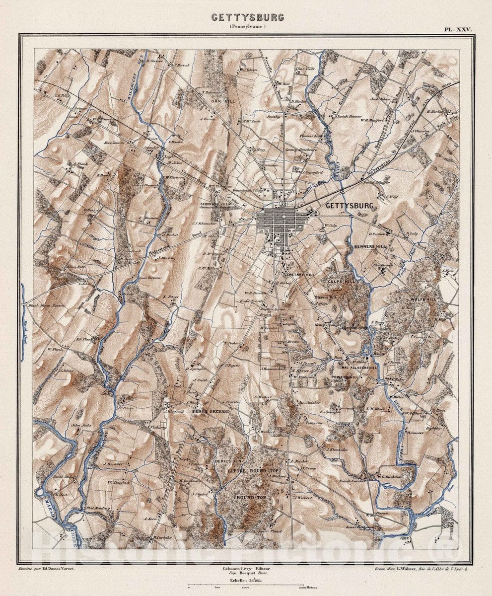 Historic Map : Military Atlas - 1875 Planche XXV. Gettysburg (Pennsylvania). - Vintage Wall Art