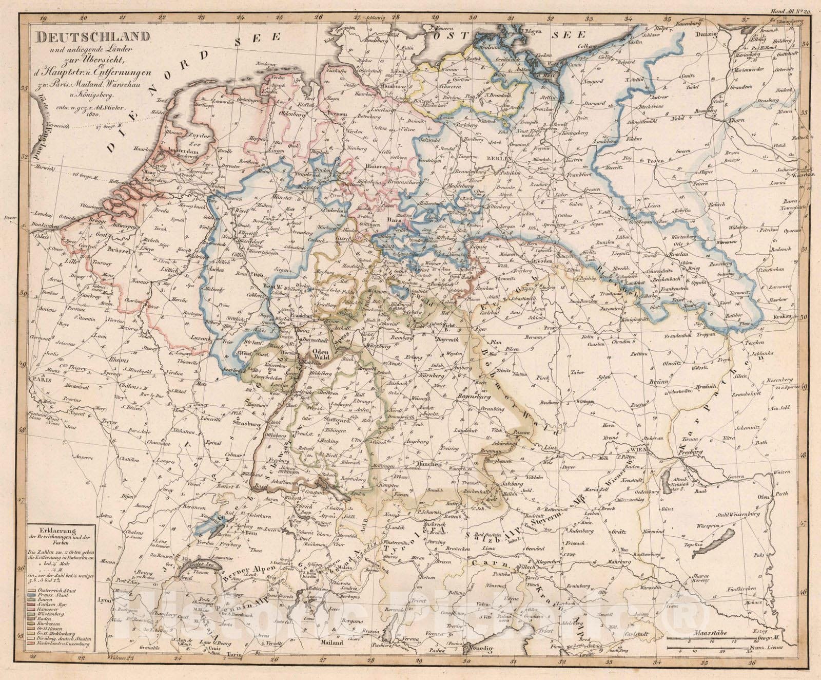 Historic Map : Germany, 1820 Deutschland und anliegende Lander zur Ubersicht der Hauptstrassen und Entfernungen , Vintage Wall Art