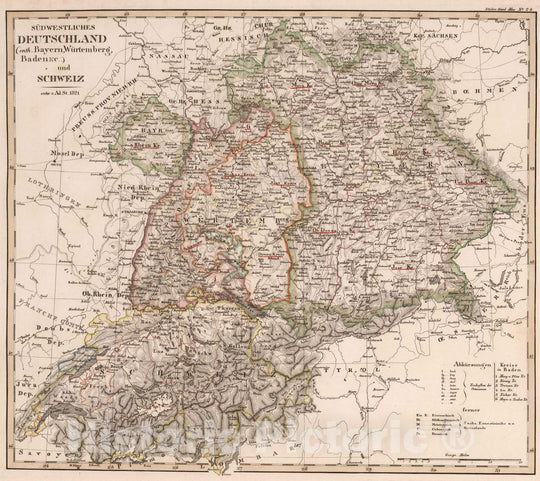 Historic Map : Germany; Switzerlsnd, 1821 Sudwestliches Deutschland , Vintage Wall Art