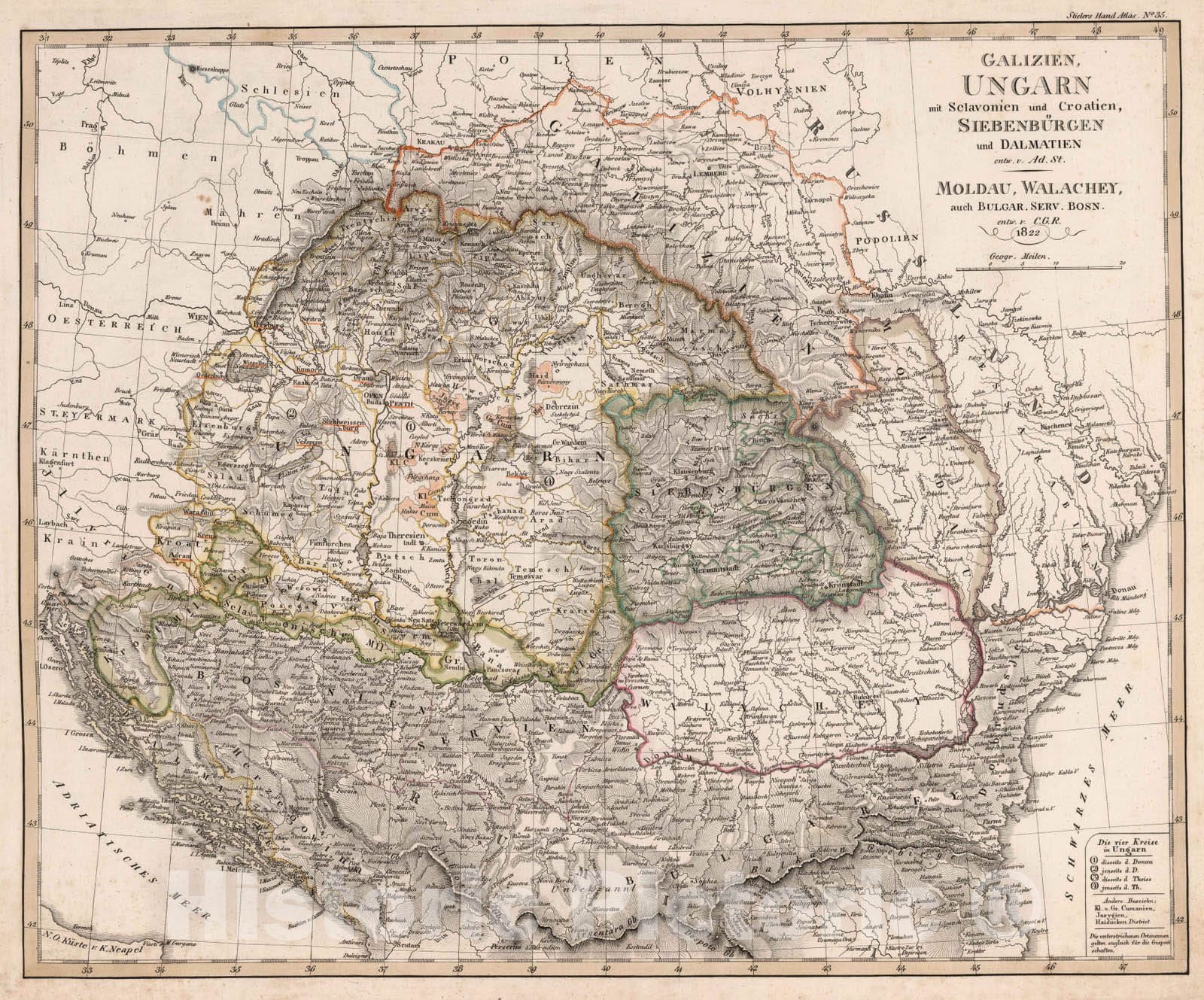 Historic Map : Europe, Eastern 1822 Galizien, Ungarn mit Sclavonien und Croatien, Siebenburgen und Dalmatien , Vintage Wall Art