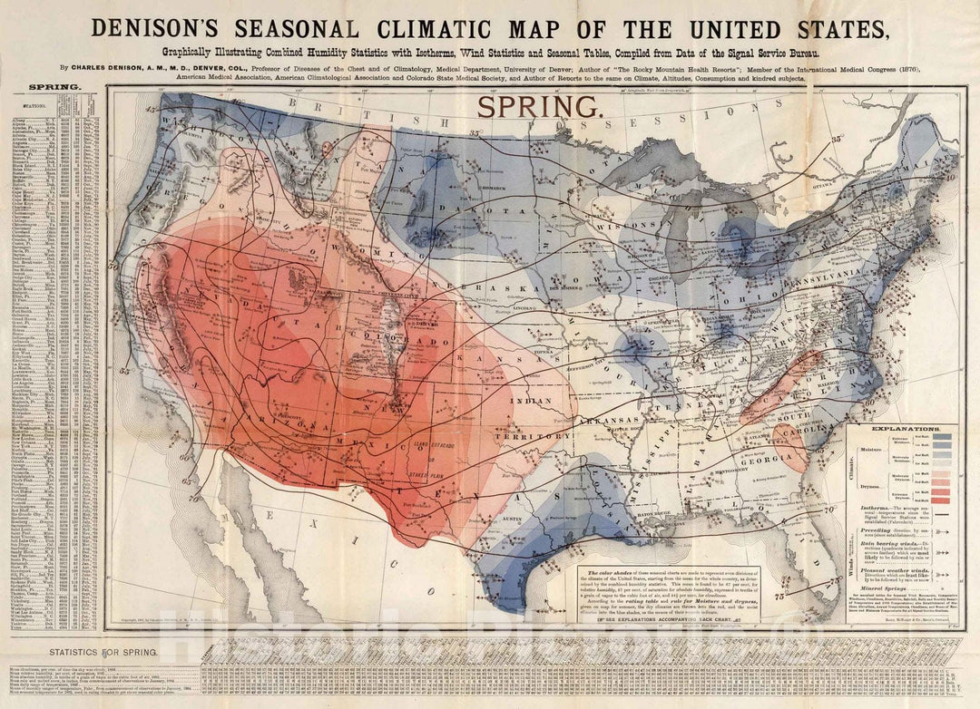 Historic Map : 1884 Spring. Denison's seasonal climatic map of the United States - Vintage Wall Art