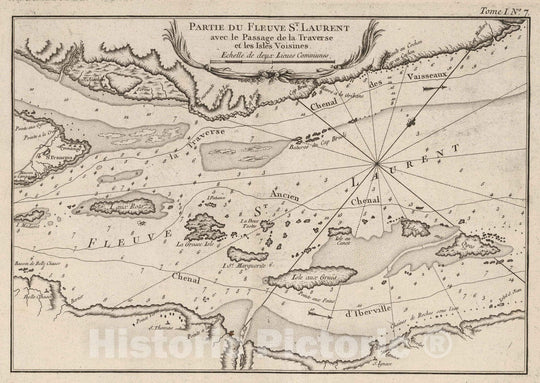 Historic Map : St. Lawrence River 1764 Partie du fleuve St. Laurent avec le passage de la traverse et les isles voisines , Vintage Wall Art