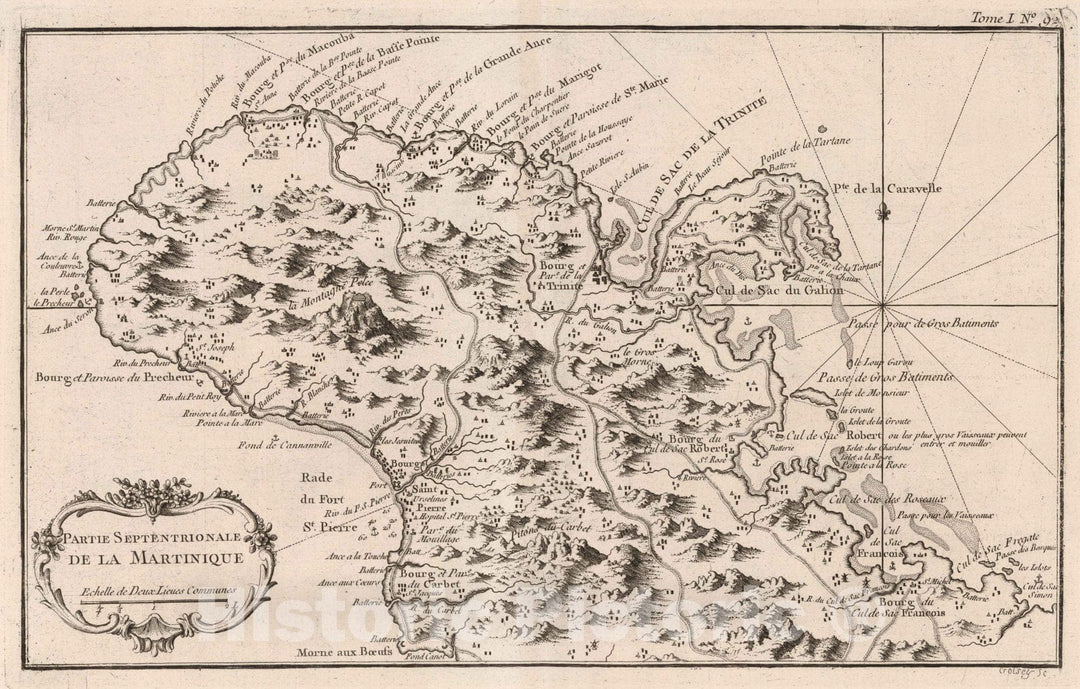 Historic Map : Martinique, , West Indies 1764 Partie septentrionale de la Martinique. Croisey sc[ulp.] , Vintage Wall Art