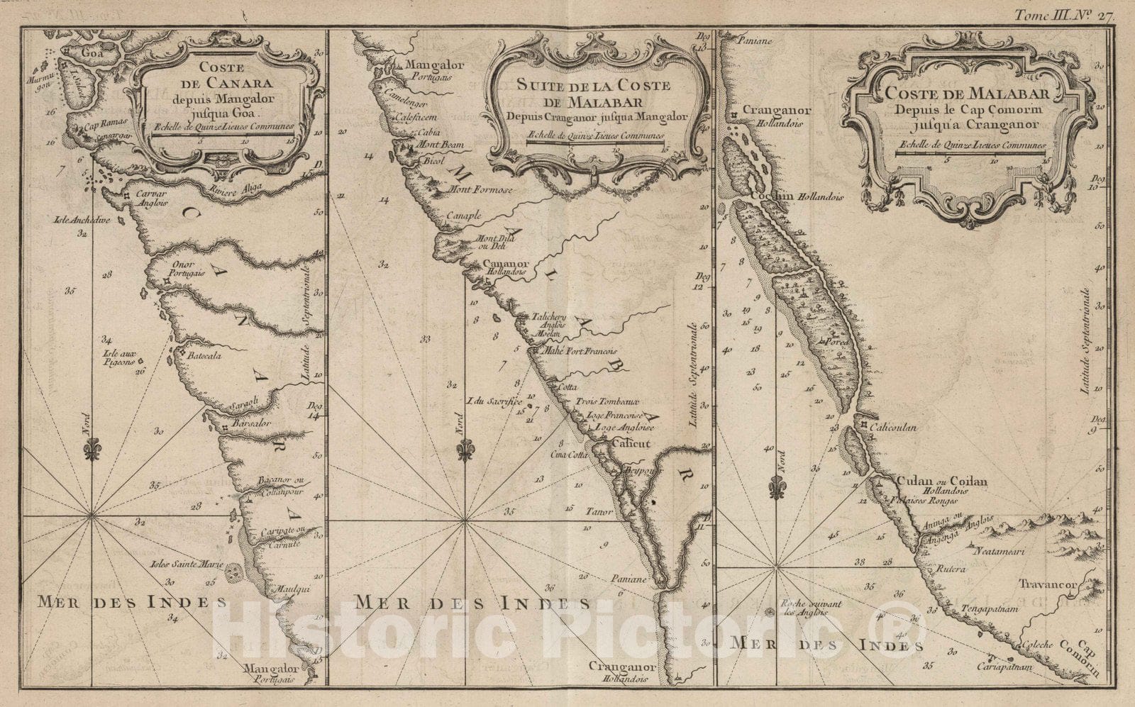 Historic Map : India, Indian Ocean, Asia 1764 Coste de Canara. Suite de la coste de Malabar. Coste de Malabar depuis le Cap Comorin, Chart , Vintage Wall Art