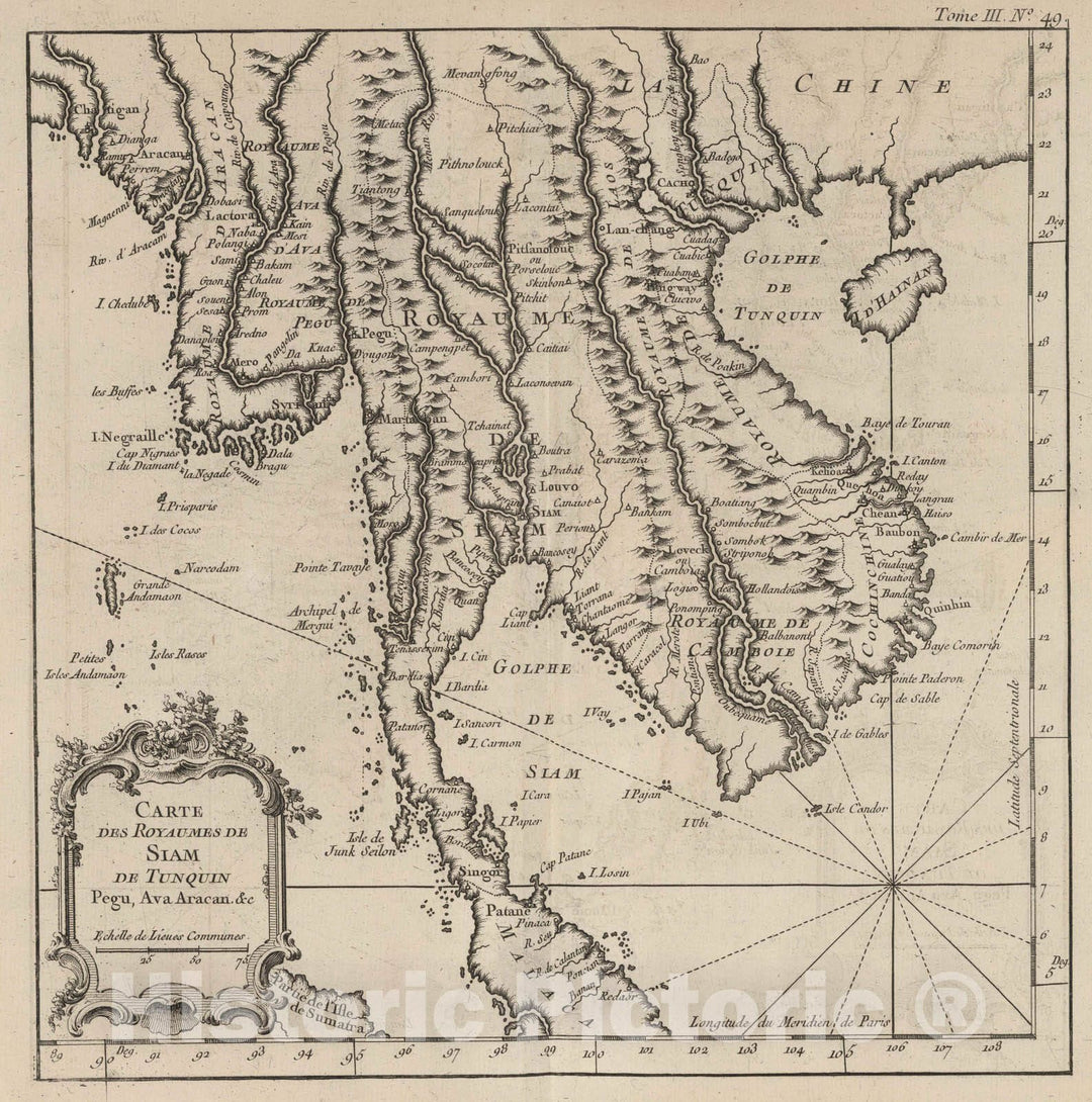 Historic Map : Thailand, Indochina 1764 Carte des royaumes de Siam, de Tunquin, Pegu, Ava Aracan, c. , Vintage Wall Art