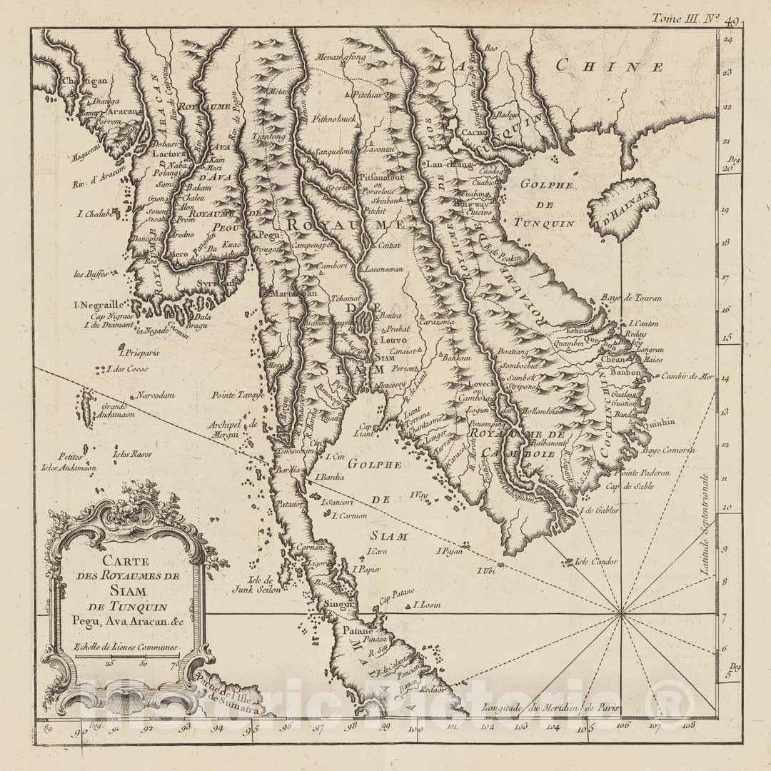 Historic Map : Thailand, Indochina 1764 Carte des royaumes de Siam, de Tunquin, Pegu, Ava Aracan, c. , Vintage Wall Art