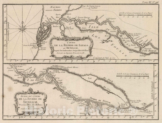 Historic Map : Senegal, West Africa 1764 Suite Du Cours de la Riviere de Senegal depuis I'Isle de Bilbas Jusquau Sault du Rocher de Govina , Vintage Wall Art