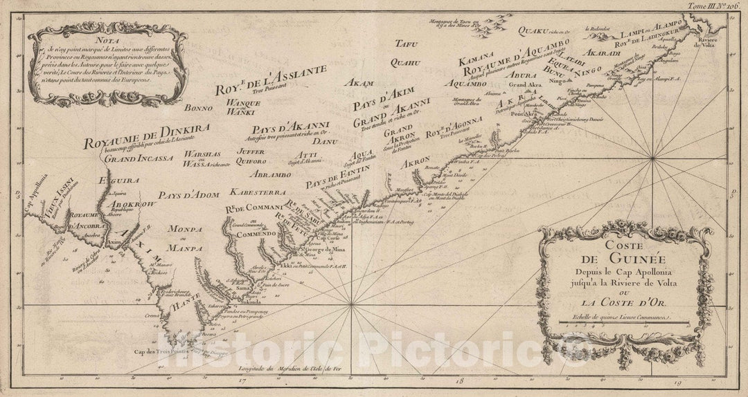 Historic Map : Guinea, Africa, West 1764 Coste De Guinee : Depuis le Cap Apollonia jusqua la Riviere de Volta Ou La Coste D'Or , Vintage Wall Art