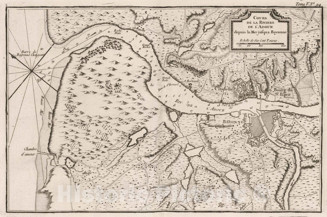 Historic Map : France , Bayonne France, Ardour River 1764 Cours de la riviere de l'Adour depuis la mer jusqua Bayonne. , Vintage Wall Art