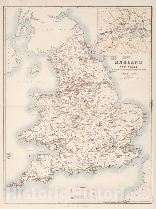 Historic Map : Statistical Atlas - 1881 England and Wales to Illustrate the Hydrography (Water Supply) of the Country. - Vintage Wall Art