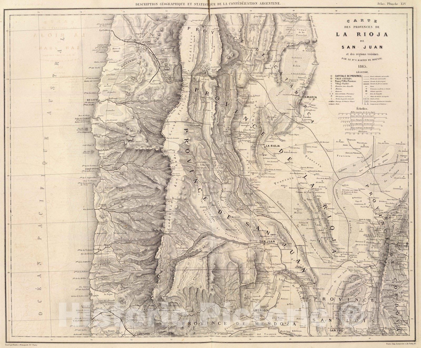 Historic Map : Argentina; Chile, La Rioja (Argentina : Province) 1873 Carte, provinces de La Rioja et San Juan. , Vintage Wall Art