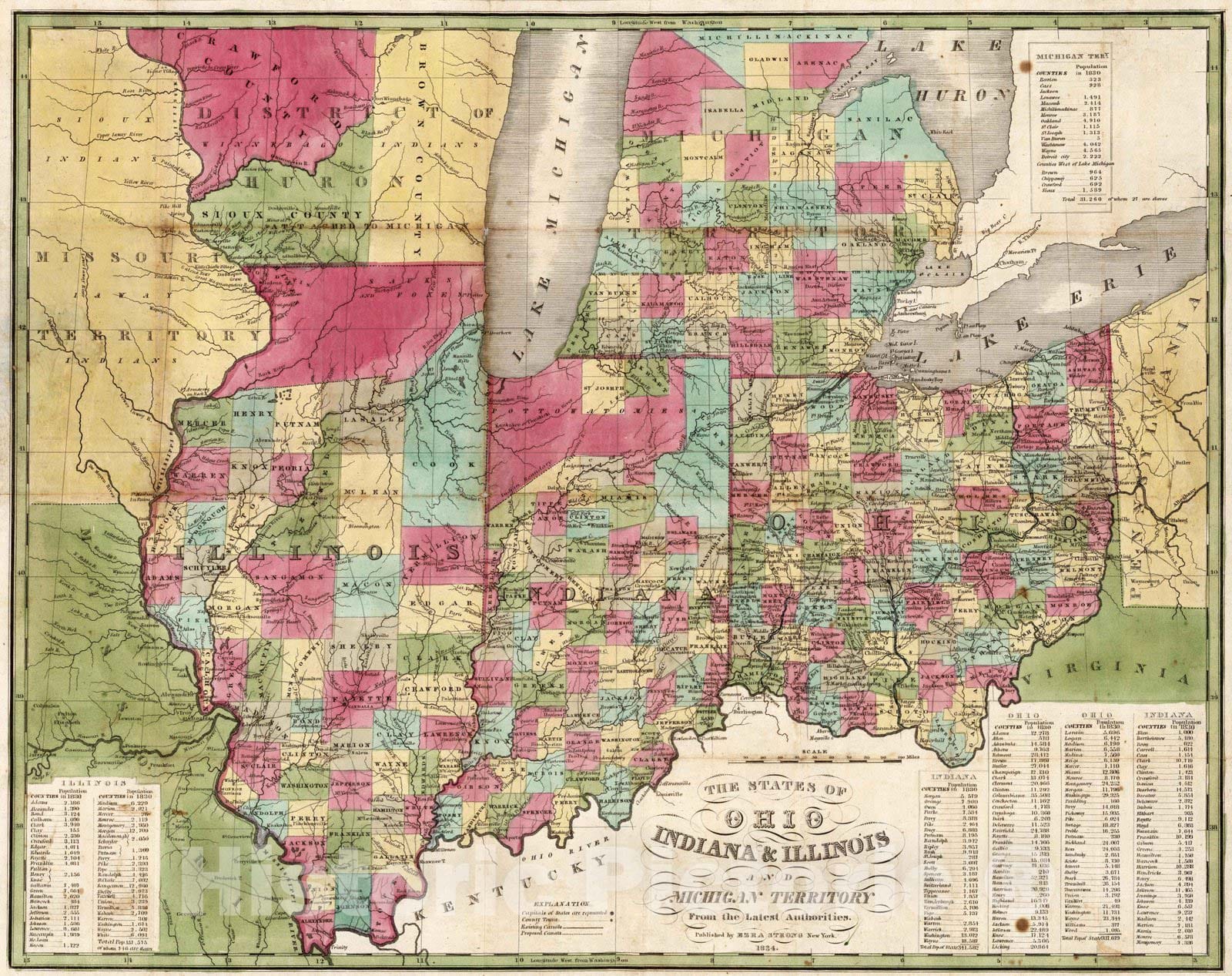 Historic Map : 1834 Ohio Indiana & Illinois And Michigan Territory - Vintage Wall Art