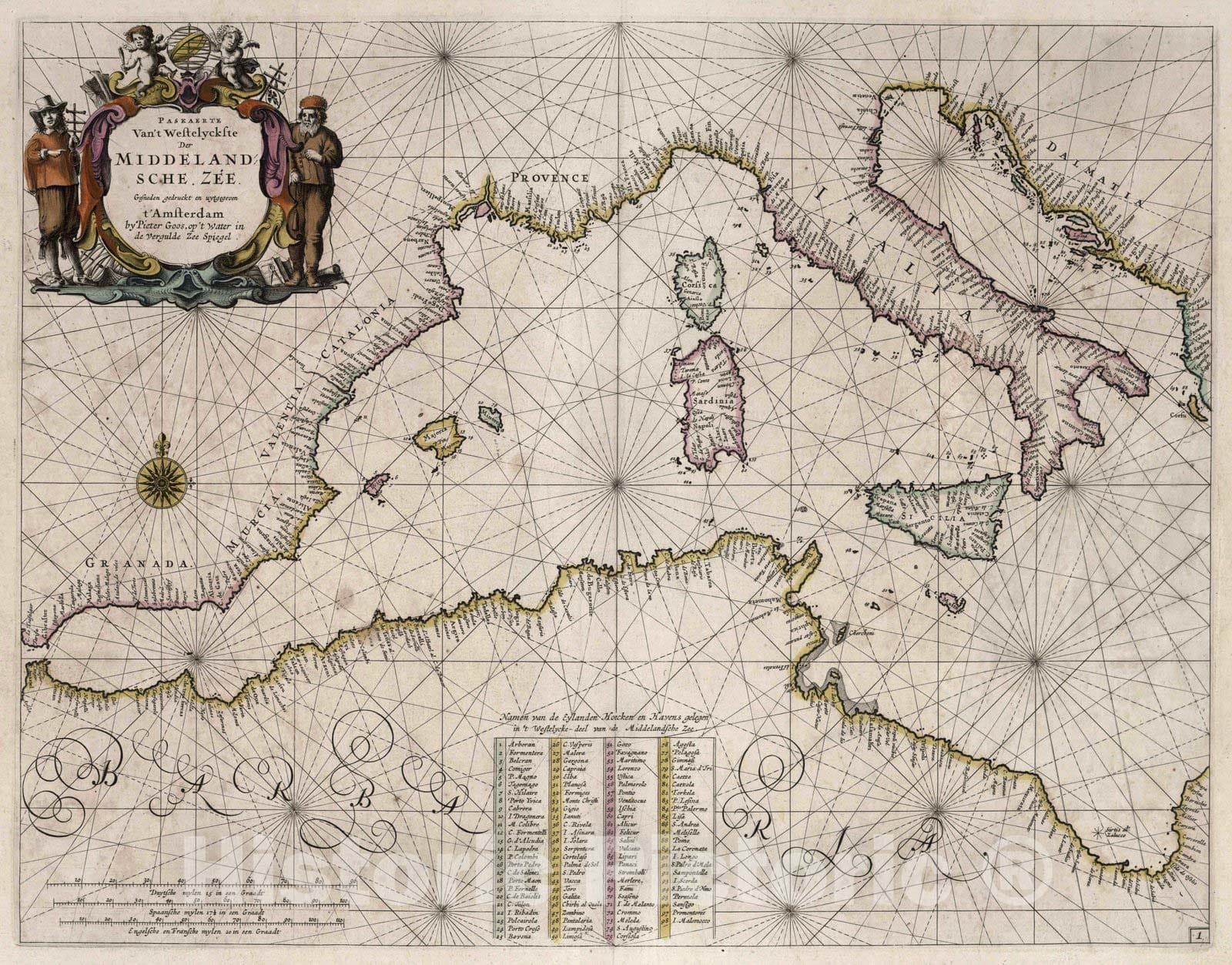 Historic Map : Mediterranean Sea 1667 Paskaerte Van't Westelyckste der Middeland Sche Zee. , Vintage Wall Art